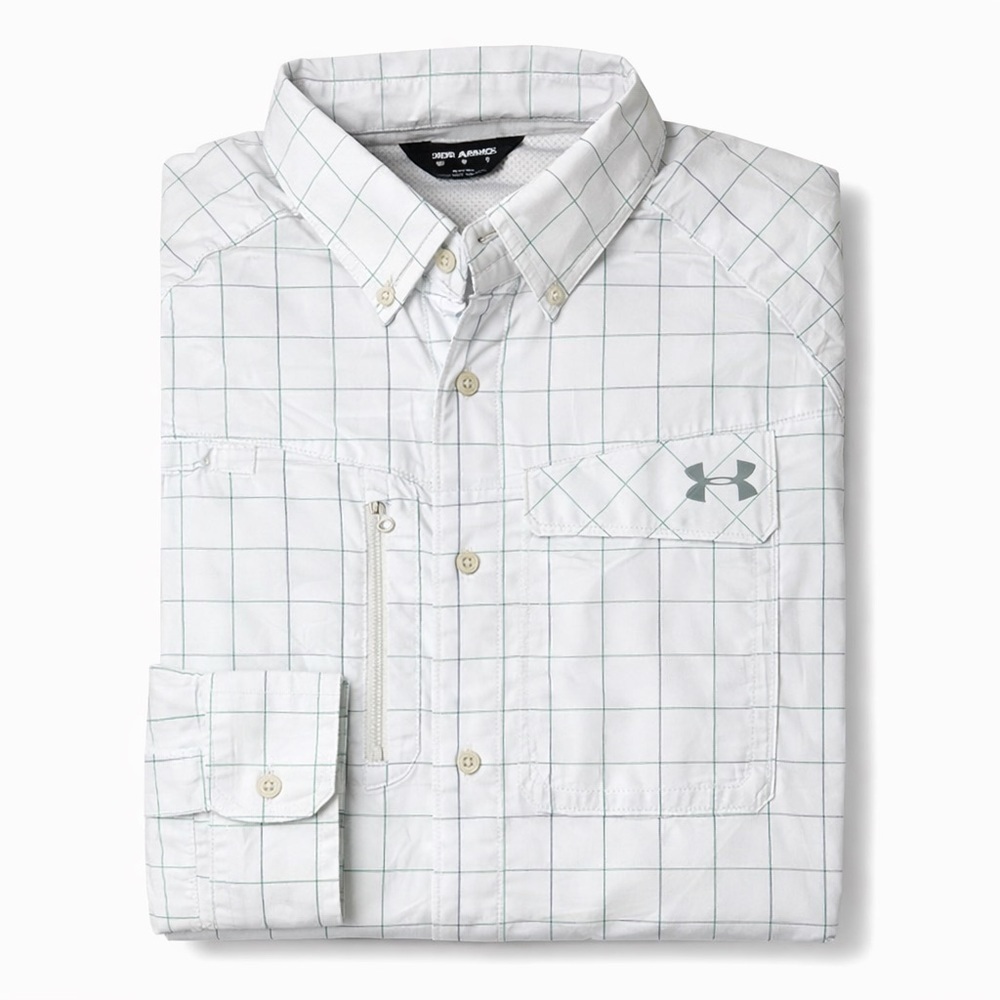 Under Armour Men’s Fishing Shirt Medium Gray Green Blue Plaid Long Sleeve